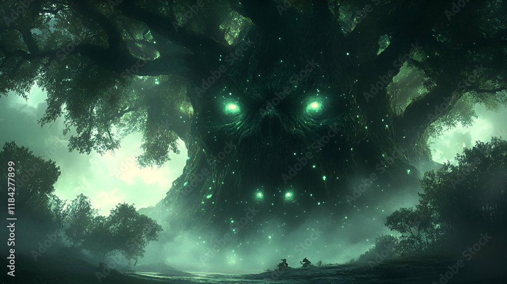 Enchanted Forest with Glowing Ancient Tree at Night