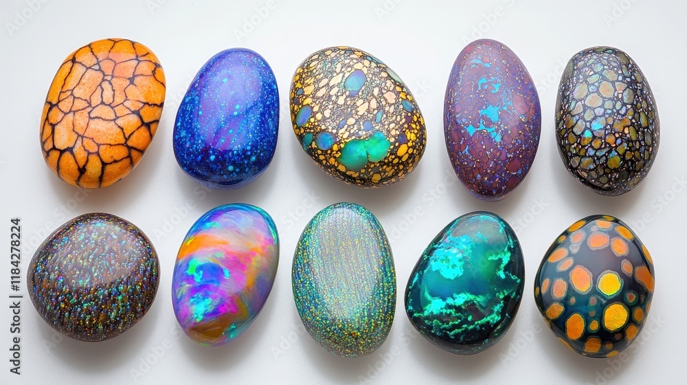 Colorful Collection of Shining Iridescent Opals on White Background Colorful Collection of Shining Iridescent Opals on White Background