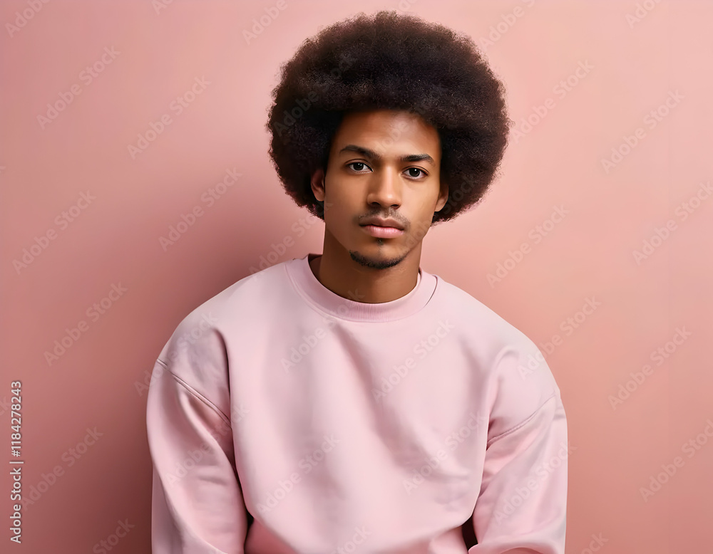 Young African man with afro hair wearing a pink t-shirt on a pink and light blue background
Young African man with afro hair wearing a pink t-shirt on a pink and light blue background