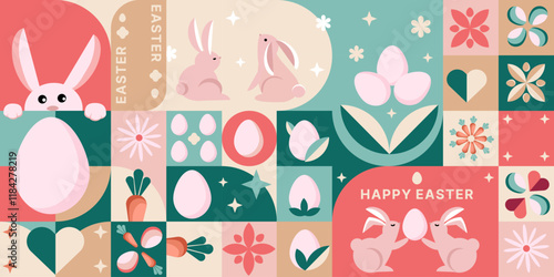 Happy Easter geometric background, banner, packaging, creative design. Modern geometric minimal abstract rabbits, eggs and geometric elements. Easter Holiday mosaic style background,pattern. Vector