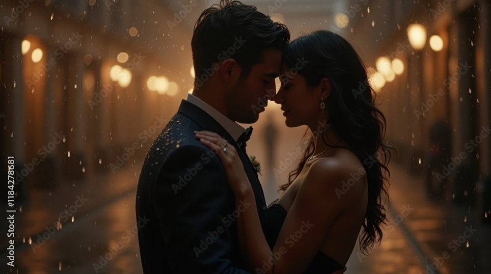 A romantic couple embraces in the rain, creating an intimate and emotional atmosphere under soft, glowing streetlights A romantic couple embraces in the rain, creating an intimate and emotional atmosphere under soft, glowing streetlights