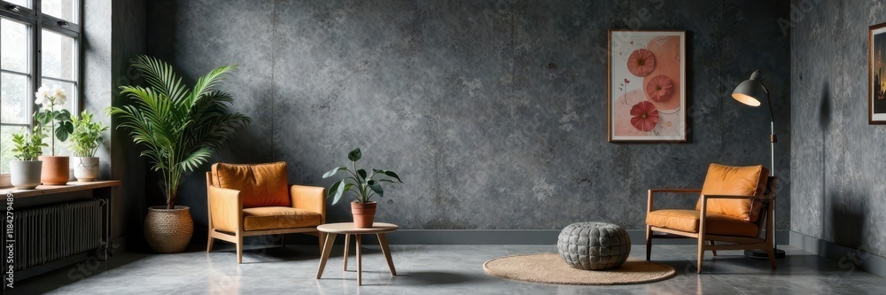 Fototapeta premium Empty dark gray concrete wall room studio background with scattered furniture and abstract decorations , studio, decor, furniture
