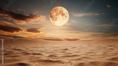Expansive Ancient Desert Landscape Under a Full Moon in a Mystical Middle Earth World Scenario