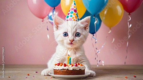 Adorable Kitten's First Birthday: Festive Cake and Balloons photo