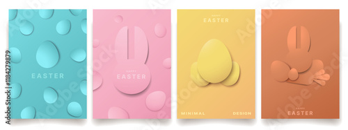 Easter template set with abstract rabbits and eggs on a light bright background in Minimal style Vector illustration.Happy Easter sunday Modern holiday Poster,banners,greeting cards,cover,flyer design