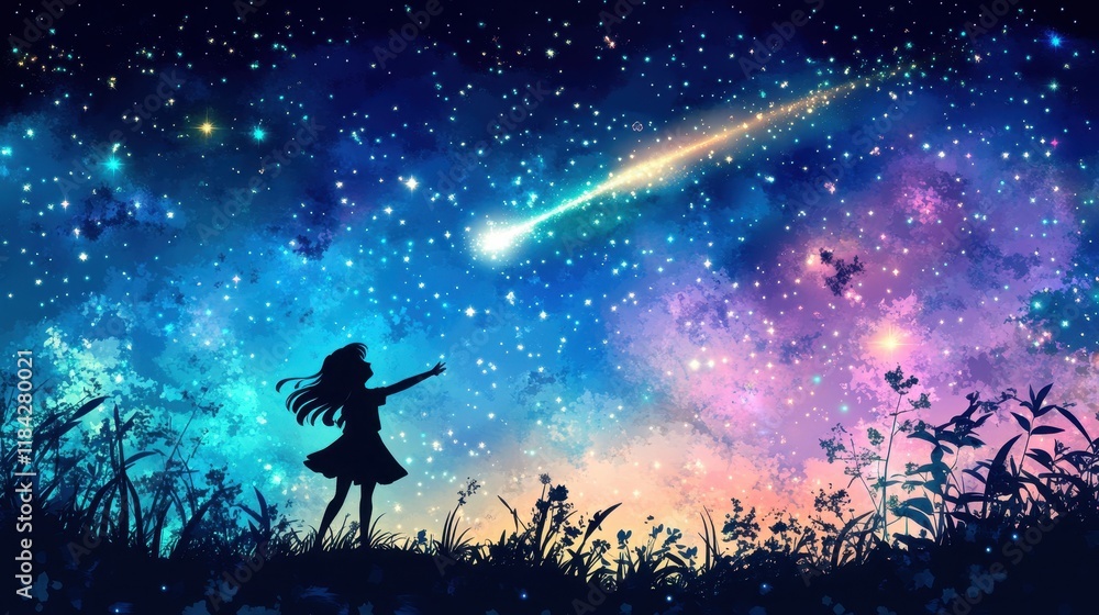 Naklejka premium Silhouette of a Young Girl in Anime Style Against a Cosmic Background