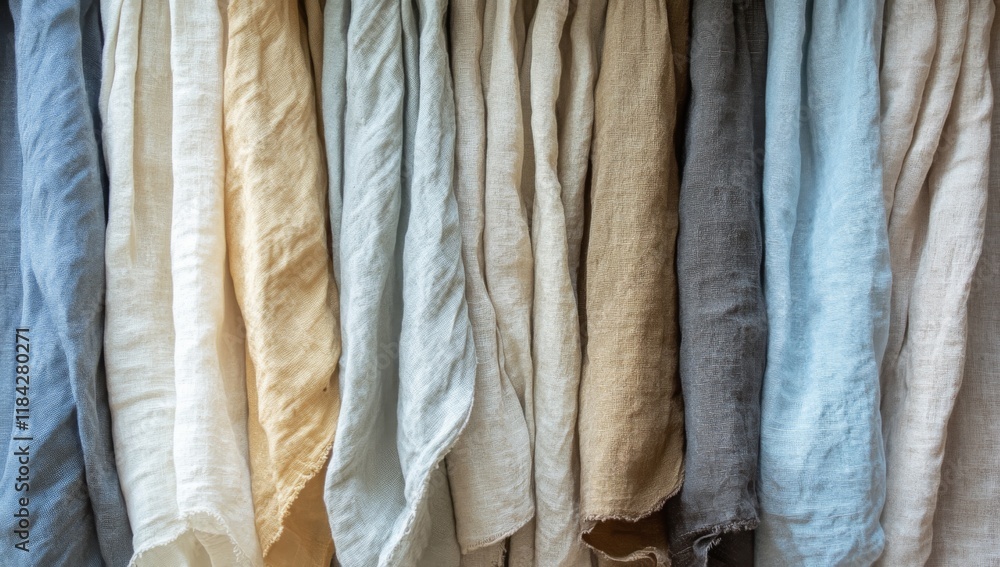 Differently Textured and Colored Linen Drapes in Vertical Line. Muted Colors of Light Blue, Beige, Grey, and Cream. Differently Textured and Colored Linen Drapes in Vertical Line. Muted Colors of Light Blue, Beige, Grey, and Cream.