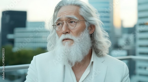 Contemplative gaze of an elderly man, amidst a bustling cityscape. photo