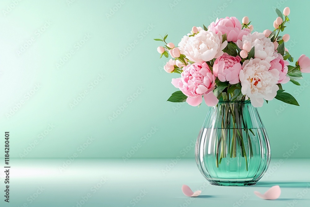 Obraz premium Fresh bouquet of peony flowers on mint green background. Floral decor and interior design concept. Still life aesthetic composition for banner with copy space