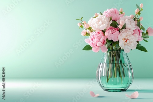 Wallpaper Mural Fresh bouquet of peony flowers on mint green background. Floral decor and interior design concept. Still life aesthetic composition for banner with copy space Torontodigital.ca