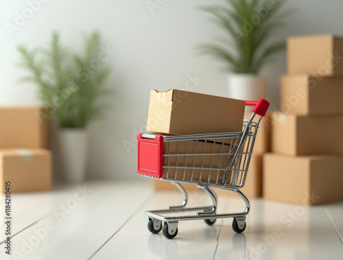  Shopping cart filled with stacked cardboard boxes for ecommerce shipping and delivery photo