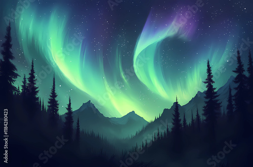 Wallpaper Mural A beautiful night sky with a green aurora and mountains in the background Torontodigital.ca