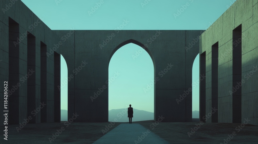 Fototapeta premium Solitary figure standing in minimalist concrete structure with arched gateway, overlooking a distant landscape.