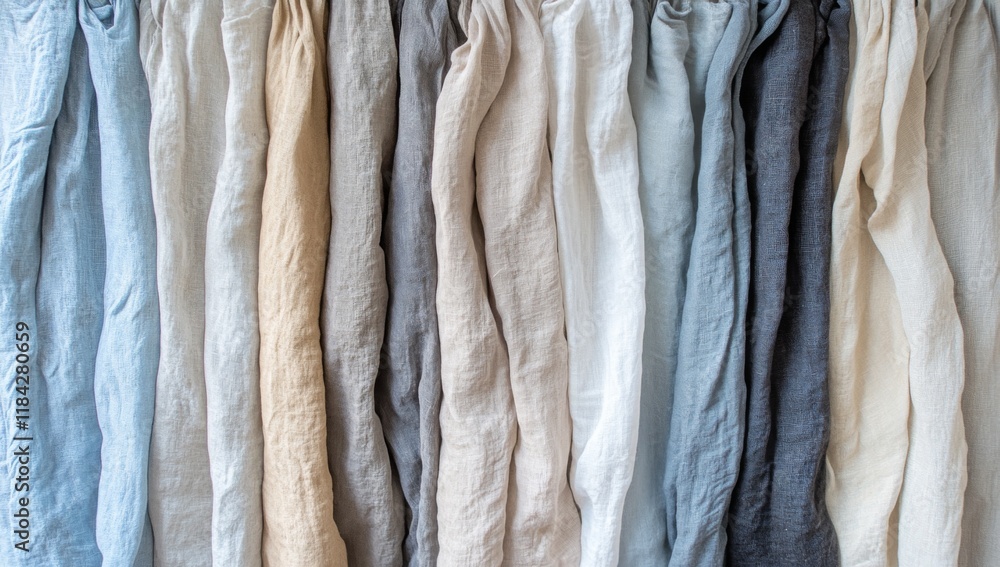 Differently Textured and Colored Linen Drapes in Vertical Line. Muted Colors of Light Blue, Beige, Grey, and Cream. Differently Textured and Colored Linen Drapes in Vertical Line. Muted Colors of Light Blue, Beige, Grey, and Cream.