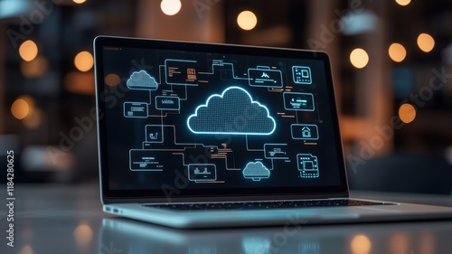 A modern laptop displaying a digital cloud computing interface, featuring interconnected nodes and graphics, set against a blurred bokeh background.