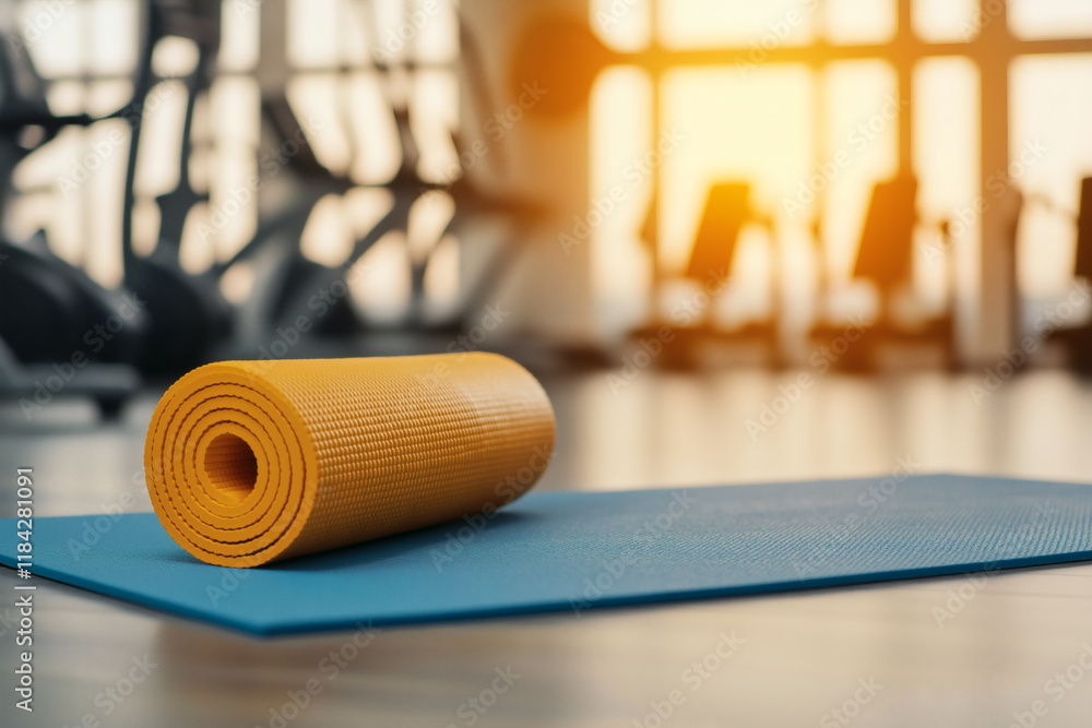 vibrant yellow yoga mat rests on blue mat in modern gym, illuminated by warm sunlight. serene atmosphere invites relaxation and fitness activities