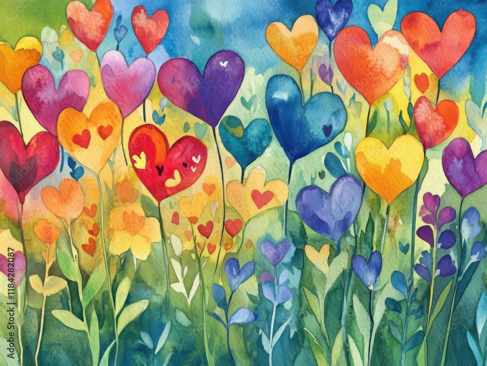 Vibrant heart-shaped flowers blooming in a colorful garden watercolor art nature bright atmosphere aesthetic view Vibrant heart-shaped flowers blooming in a colorful garden watercolor art nature bright atmosphere aesthetic view