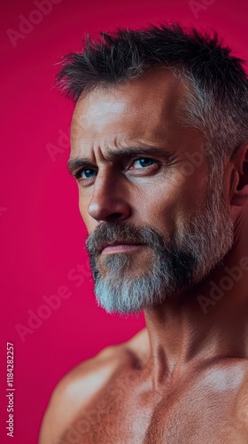 Intense Gaze: A Portrait of a Mature Man with Graying Hair and Beard Against a Vibrant Pink Background photo