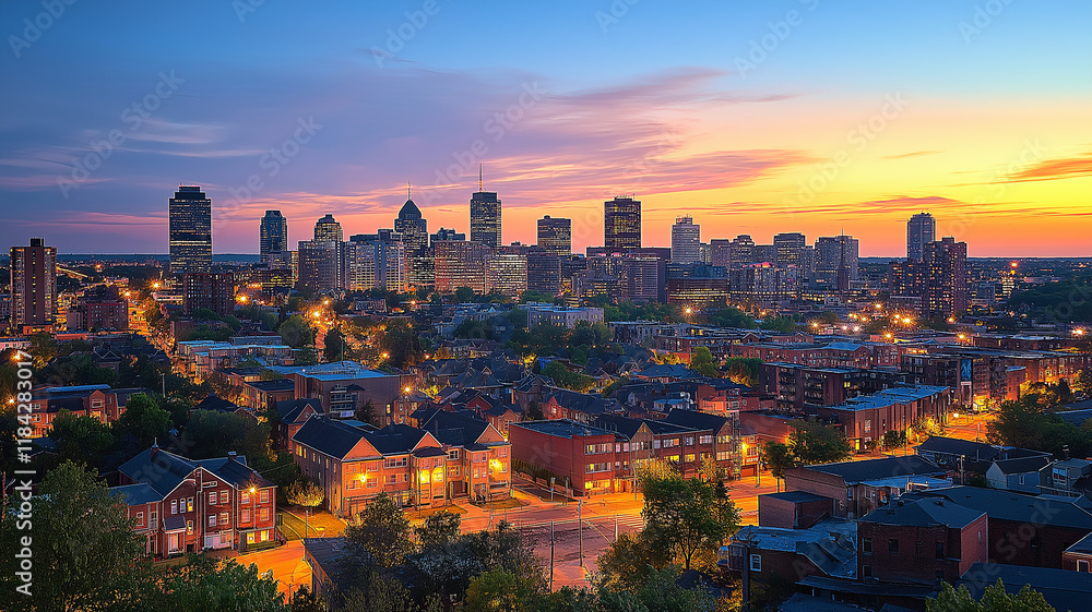 Obraz premium Kitchener Skyline at Dusk. Kitchener, Ontario skyline at dusk, showing the city's urban landscape with a beautiful sunset.