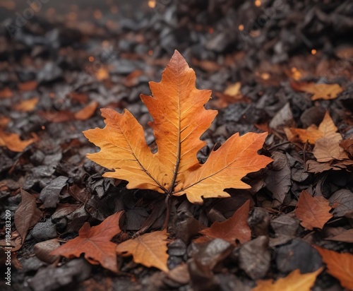 A lone oak leaf smoldering in a pile of dry brown leaves and glowing embers , foliage, smoldering, oak leaf photo