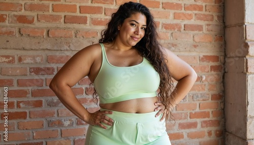 Confident Woman in Mint Green Sports Bra and Loungewear against Brick Wall