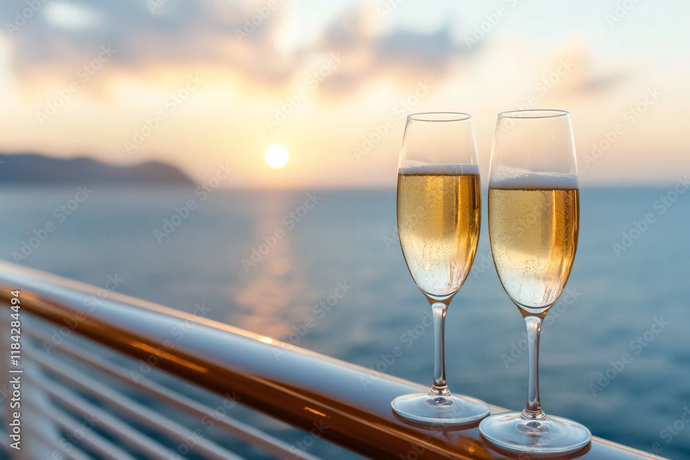 Two glasses of champagne on balcony overlooking ocean at sunset, creating romantic and serene atmosphere. Perfect for celebrations and special moments Two glasses of champagne on balcony overlooking ocean at sunset, creating romantic and serene atmosphere. Perfect for celebrations and special moments