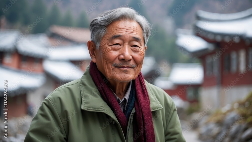 Obraz premium An elderly man with gray hair smiles warmly, wearing a green jacket and a maroon scarf, set against a scenic backdrop of traditional architecture.
