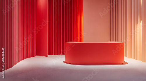 Elegant Red Podium Stand for Product and Cosmetic Display with a Minimalistic Design Aesthetic. photo