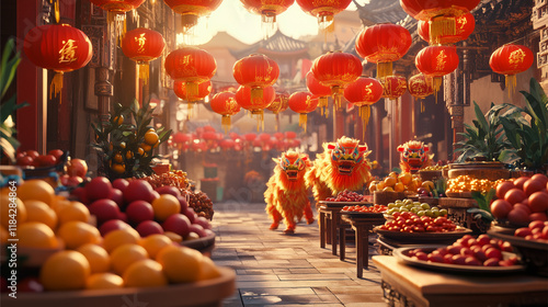 Cap Go Meh scene with offering tables filled with fruits and Chinese specialties, lion dances jumping around, bright red lanterns decorating the entire area, Ai generated images. photo