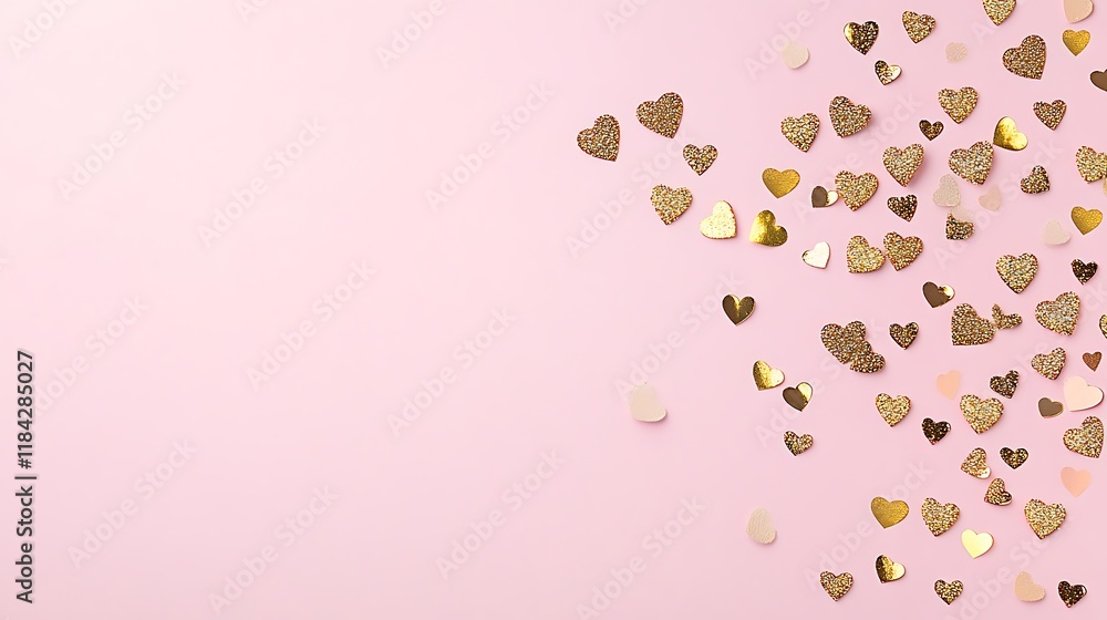 Gold Glitter Hearts Scattered on Pink Background Gold Glitter Hearts Scattered on Pink Background
