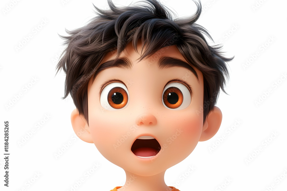 Closeup of a surprised young boy with wide eyes and open mouth, animated cartoon character portrait Closeup of a surprised young boy with wide eyes and open mouth, animated cartoon character portrait