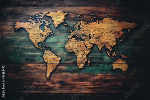 World map on wooden texture. generative AI