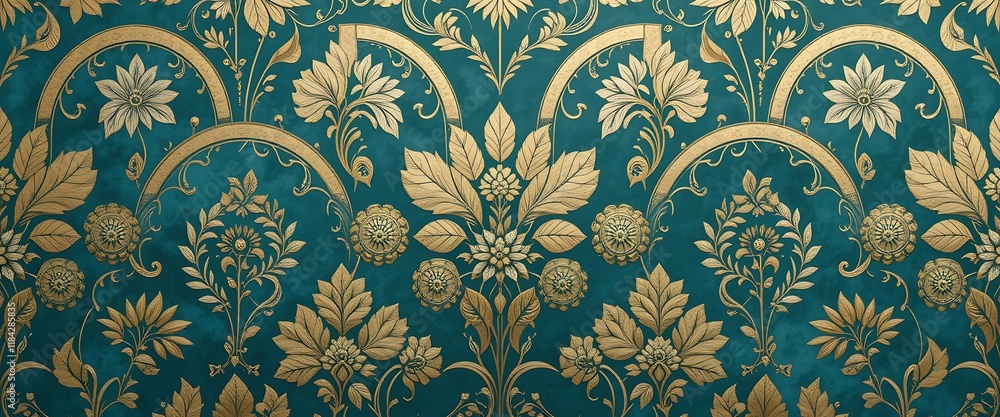 Fototapeta premium Ornate Gold Patterns on Blue Fabric with Floral Details