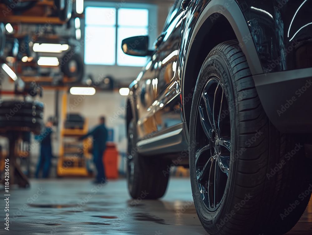 Mechanics working in automotive shop while maintaining a car on a lift during a busy workday Mechanics working in automotive shop while maintaining a car on a lift during a busy workday