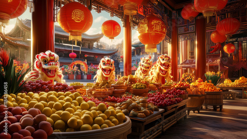 Cap Go Meh scene with offering tables filled with fruits and Chinese specialties, lion dances jumping around, bright red lanterns decorating the entire area, Ai generated images. photo