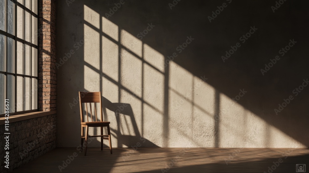 Obraz premium Sunlit room with chair, brick wall, large window, and shadows.