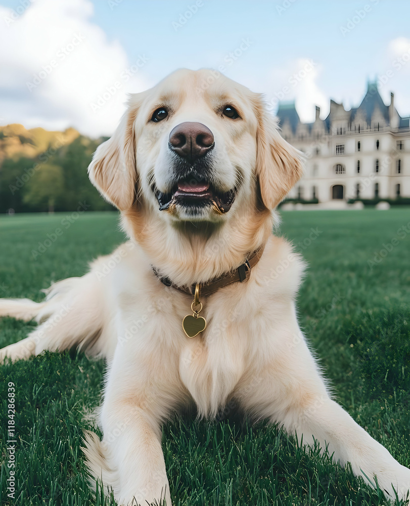 A golden retriever lounging on grass in front of an elegant building. A golden retriever lounging on grass in front of an elegant building.
