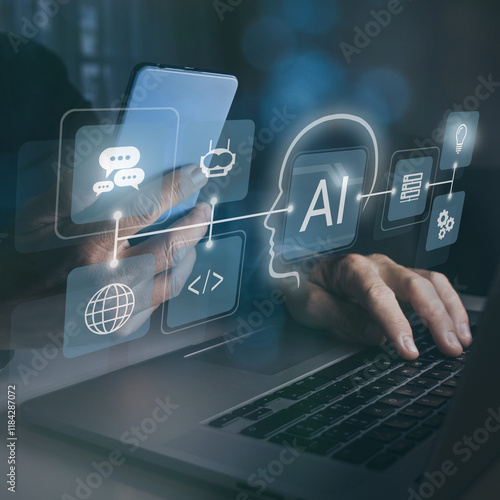 Man using virtual screen on laptop. Artificial intelligence new application, AI futuristic concept.