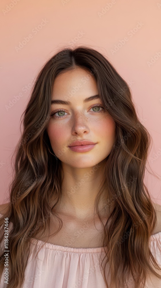 Radiant beauty,freckles, wavy brown hair against a soft pink backdrop. Captivating gaze. Radiant beauty,freckles, wavy brown hair against a soft pink backdrop. Captivating gaze.
