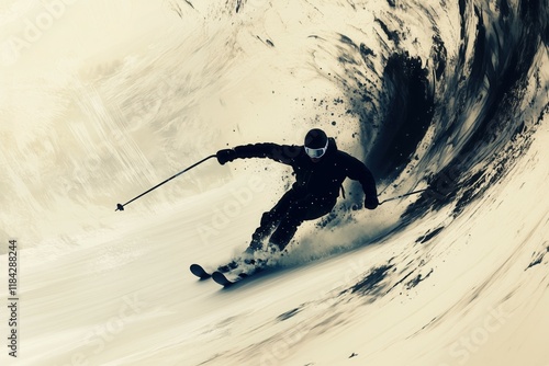 Action illustration of a professional skier going down a slope in the high mountains, with snow raised behind him as he speeds down the slope.