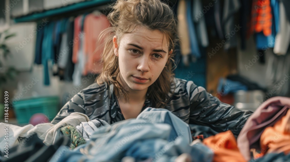 Young Woman Sorting Clothes - A Touching Moment of Giving Young Woman Sorting Clothes - A Touching Moment of Giving