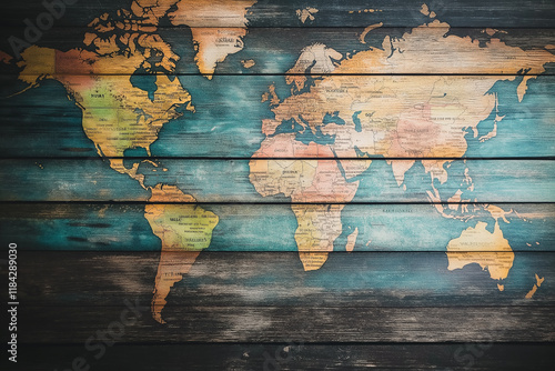 World map on wooden texture. generative AI