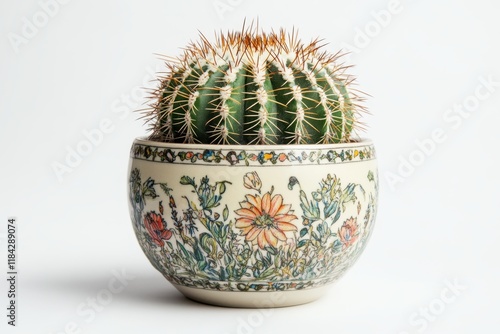 Decorative cactus thriving in a beautifully painted pot showcasing intricate floral designs