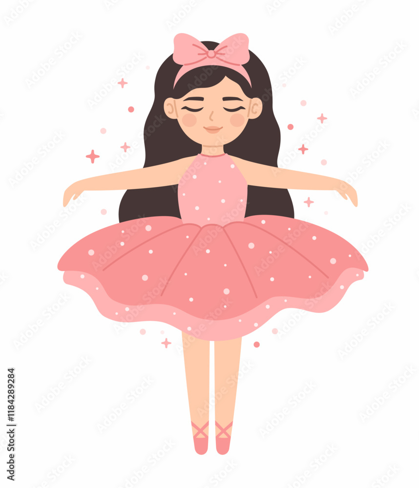 Dancing cute princess ballerina in a pink dress. Flat vector illustration. Dancing cute princess ballerina in a pink dress. Flat vector illustration.