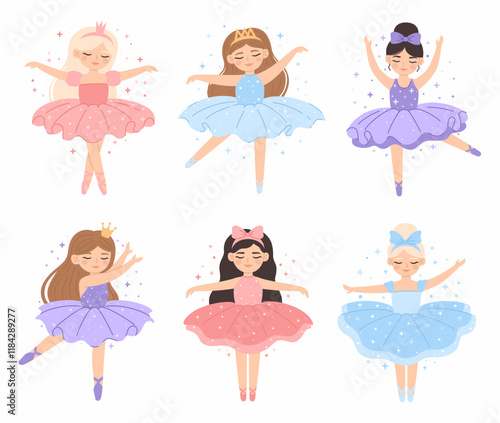 Set of girls ballerinas. Princess ballerinas dance on a white background. Flat vector illustration.