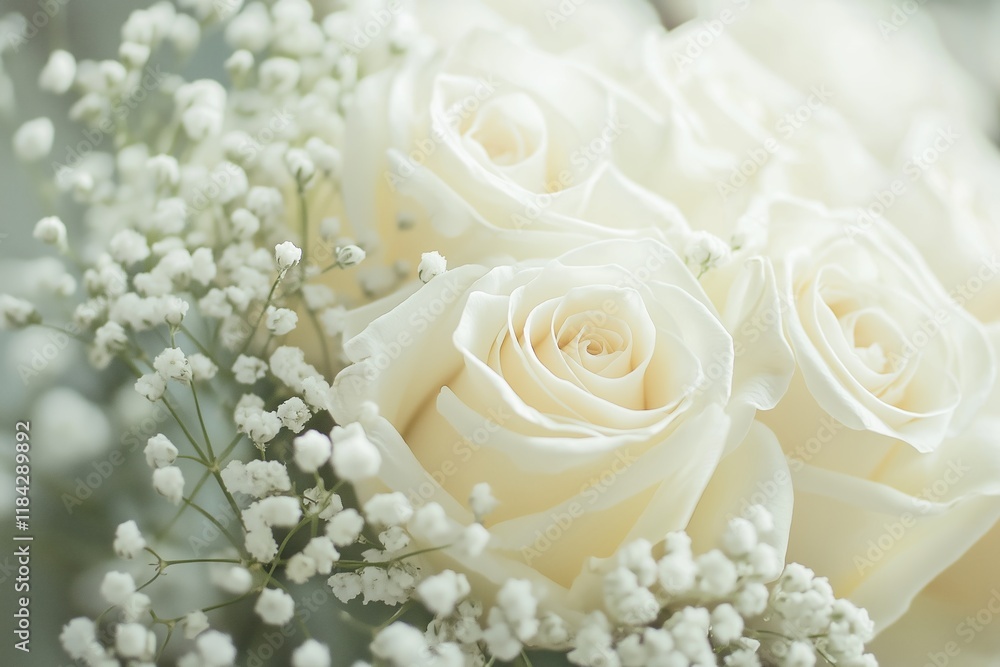 Fototapeta premium A stunning arrangement of white roses and soft blooms captures the essence of purity and elegance.