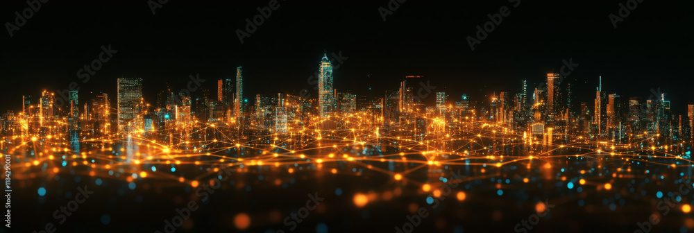 Obraz premium futuristic cityscape with buildings connected by digital pathways. integration technology , network of digital lines connecting