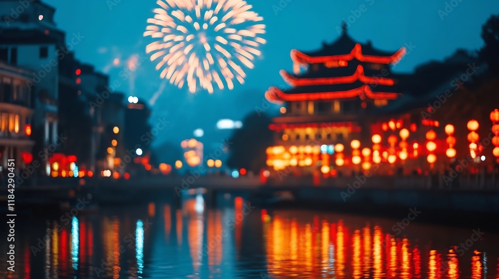 Golden Fireworks Shimmering Over a Chinese River Lantern Festival Golden Fireworks Shimmering Over a Chinese River Lantern Festival