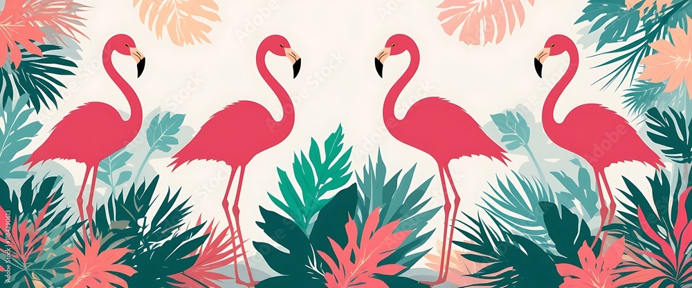 Obraz premium Pink Flamingos Standing Among Tropical Leaves and Plants