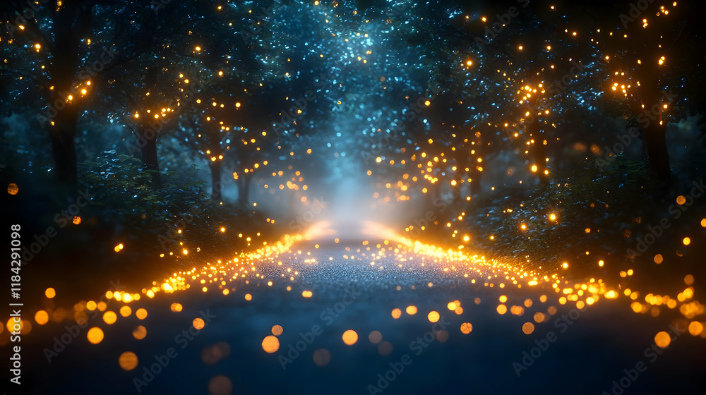 Naklejka premium Enchanted Forest Path at Night with Glowing Lights and Magical Atmosphere